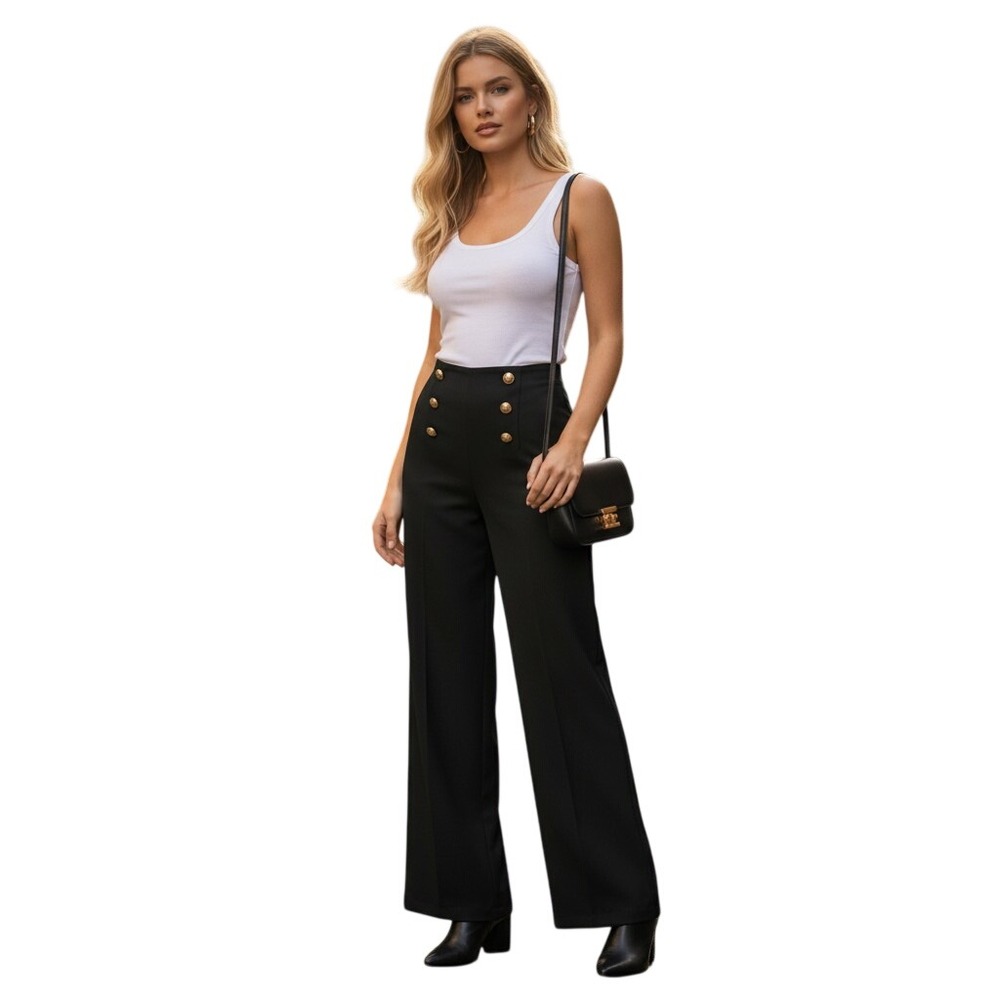 BBJ Womens High Waist Sailor Wide Leg Pants Black Gold Button Trousers